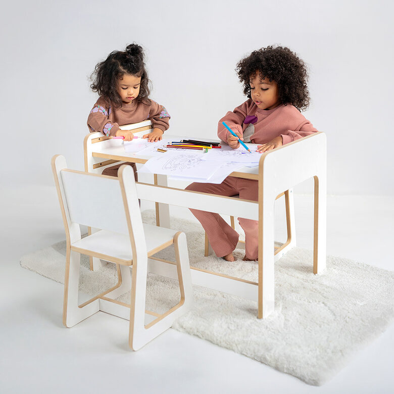 PLUSH NEST Baby chair + table set, white, Wooden Play